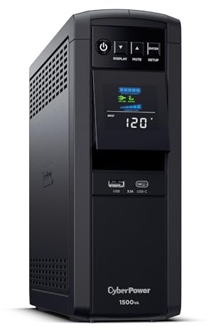 CyberPower CP1500PFCLCDTAA PFC Sinewave UPS System, 1500VA/1000W, 12 Outlets, AVR, Mini Tower, TAA Certified, Black
