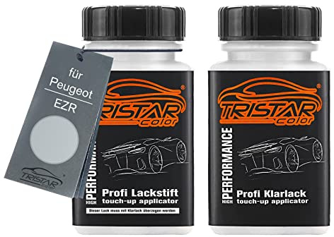 TRISTARcolor Autolack Lackstift für Peugeot EZR Gris Aluminium Metallic +1K | Chronos Silber Metallic, Set aus Basislack + Klarlack, Lackfläschchen mit Pinsel, je 50ml