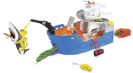 Dickie Toys Shark Attack Spielzeugboot Spielset mit Tragegriff inkl. Fahrzeug & Helikopter Hai mit Schnappfunktion knautschbares U-Boot mit Wasserspritze Haikäfig ab 3 Jahren Größe: 41 x 18,5 x 22 cm