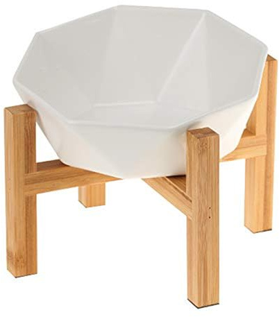 Blanco Platos elevados Comedero Elevado Perro Inclinado Comedero Gato -250 ml - En un Elegante Soporte de bambú