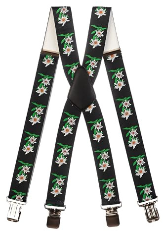 Olata Herren-Hosenträger in X-Form, Edelweiß-Muster, 25 mm, Schwarz