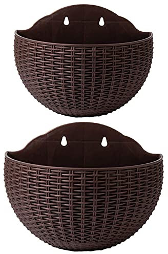 2 macetas colgantes de ratán de imitación para colgar en la pared, macetas colgantes de semicírculo para exteriores con agujero de drenaje y ganchos, cesta colgante de jardín de plástico para valla de