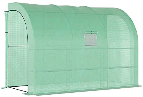 Outsunny Walk-In Lean to Wall Greenhouse with Windows and Doors, Outdoor Green House with 3 Tiers 6 Wired Shelves, 300L x 150W x 213Hcm, Green