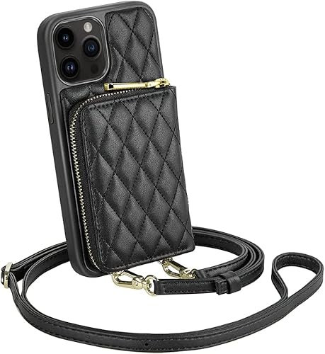 CUSTYPE iPhone 13 Pro Max Hülle Mit Band, Kartenfach Und Geldbörse - Handykette Aus Mikrofaserleder Für Apple iPhone 13 Pro Max Schwarz 6,7