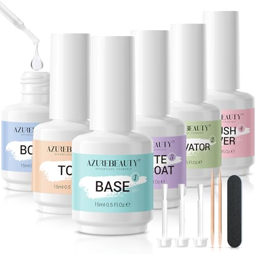 AZUREBEAUTY Dip Powder Liquid Set Bond, Base, Glossy Matte Top Coat, Activator, Brush Saver Dipping Powder Essential Tools No Nail Lamp Needed 0.5Fl oz 15ml 6Pcs
