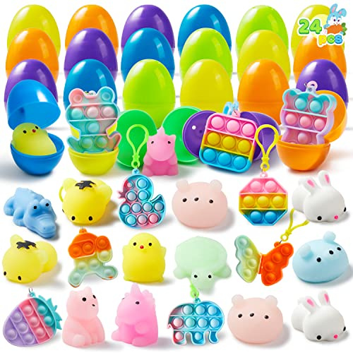 JOYIN 24 Stück vorgefüllte Ostereier mit verschiedenen Spielzeugen, gefüllt mit Mochi-Squishy-Spielzeugen und Pop-Bubble-Zappel-Schlüsselanhängern, Spielzeug zum Stressabbau für Osterkörbe