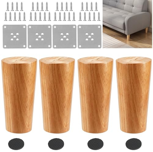 Wkmamo 4 piedini per mobili, 10 cm, colore legno, rovere massiccio, con | Piedini di ricambio per mobili, cilindrici, conici, 4,8 cm/3,6 cm, cuscinetti in schiuma, per divani, letti, armadi, sedie