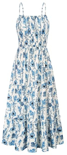 Grace Karin Boho Dresses for Women Spaghetti Strap Maxi Dress Casual Beach Floral A Line Tiered Summer Sundress Blue Floral M