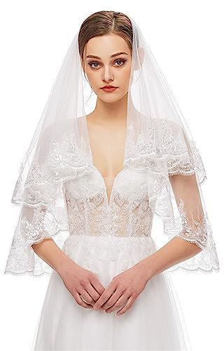 GIBZ Pailletten Brautschleier Zweilagig Bestickter Spitze Tüll Schleier mit Kamm für Hochzeit Junggesellenabschied, Weiß