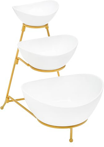 3 Tier Large Serving Bowls Set - Microwave & Dishwasher Safe Stoneware Fruit Bowl with Collapsible Gold Metal Stand - Bowls for Kitchen, Dinner Parties, Desserts, Chip and Dip & Side Dishes (White)