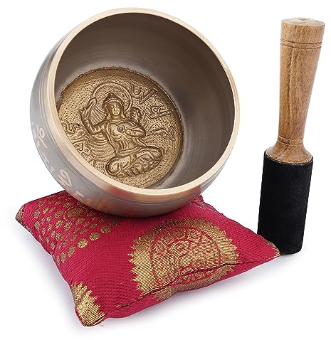 Ajuny Tibetische Klangschale Set Handgefertigte Messing Schale in Buddha Tara Design mit Stock & Kissen Meditation Yoga Chakra Heilung Therapie Achtsamkeit Entspannung & Stressabbau (Gold/Beige)