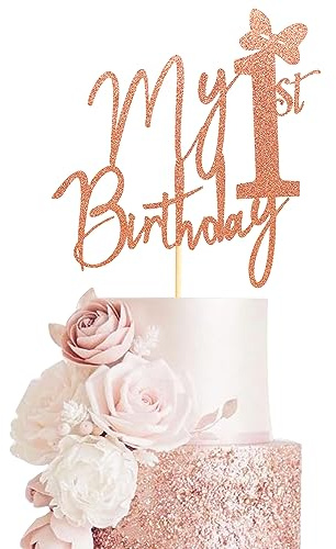Arthsdite Cake Topper with My 1st Birthday Inscription, Miss Onederful Cake Decoration, Baby Girl 1st Birthday, Party Decorations – Rose Gold Glitter