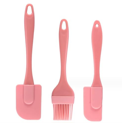 Pastry Brush with Cooking Brush Scraper Silicone Baking Accessory 3 Pcs Set Silicone Baking Cooking Tool Spatula and Pastry Brush for Cake Cream Gadget (Pink)