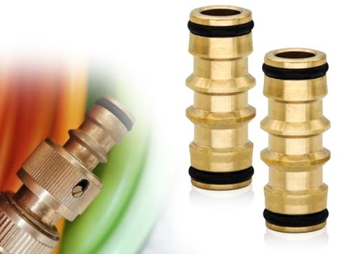 KAPSING Confezione da 2 connettori per Tubo da 16 mm a Doppio Passaggio, Adattatore per raccordi per Tubo da Giardino, prolunghe per connettore per Tubo Maschio Doppio in Ottone, 1/2 Pollice