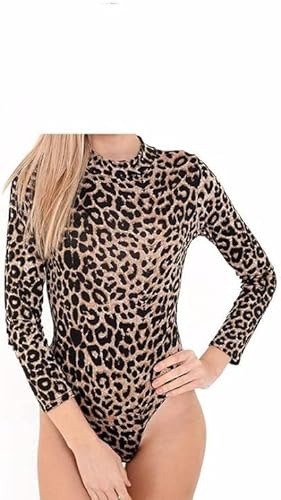 P&R DANCEWEAR LTD Body da donna a maniche lunghe elasticizzato con stampa a collo alto, elegante e confortevole, Marrone leopardato., S-M