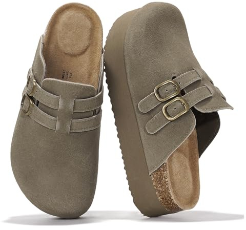 Project Cloud 100% Genuine Leather Womens Clogs - Mules for Women with Ultra Soft Memory Foam Insoles, 1.5 Inch Wedge Platform Clogs, Lightweight Non-Slip Outsole, Arch Support (Stephi,Olive,9)