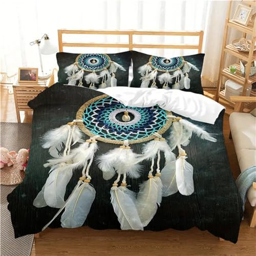 Bettwäsche 200x200 Feder-TraumfäNger Bettwäsche Set 3D Bedruckte Bettbezug Set mit ReißVerschluss, Weich Flauschige Hypoallergen Bettbezug + 2 Kissenbezug