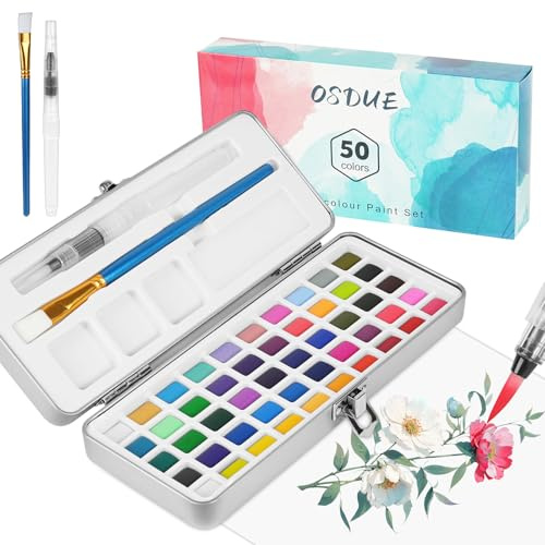 OSDUE Aquarelle Peinture, 50 Couleurs Kit de Peinture Aquarelle, Palette Aquarelle de Poche pour Artistes, Amateurs et Passionnés de Peinture avec Brosses, éPonges et Boîte, Cadeaux Adultes