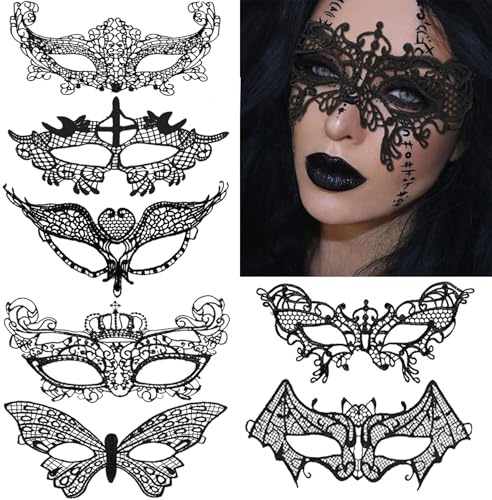 SHUBEIEUMI Halloween Maske - 7 Stück Venezianisch, Maskenball für Damen und Herren, Schwarz Sexy Lace Augenmaske für Frauen, für Karneval Party, Halloween, Cosplay