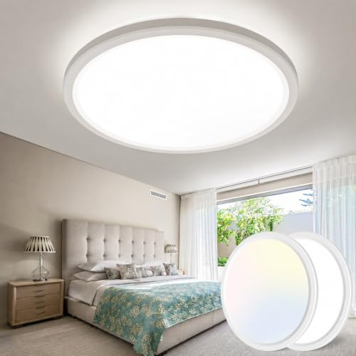 slochi 24W LED Deckenleuchte 2Stück, 3 Farben Deckenlampe 3000K/4000K/6500K | Flach Rund Badezimmer Lampe Wasserfest, BadLampe Decke für Küche Wohnzimmer Schlafzimmer