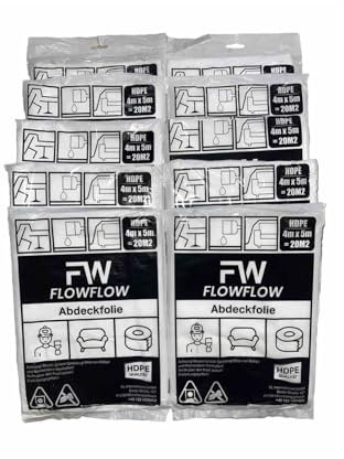 10x FLOWFLOW MALERFOLIE 10 Stück Set je 4m x 5m Maler Abdeckfolie Transparente Staubschutzfolie Plastikplane Allzweck-Folie Malerplane Malerfolie Abdeckvlies Abdeckplane Malerarbeit x 10 Stück