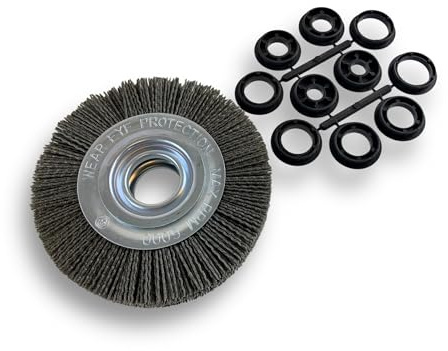 Kibros Lot 10 brosses touret NYLON grain 80 Ø 150 mm 3 rangs | Garnissage NYLON abrasif carbure de silicium grain 80, alésage 32 mm + réducteurs bagues, pour touret ou meuleuse d'établi.