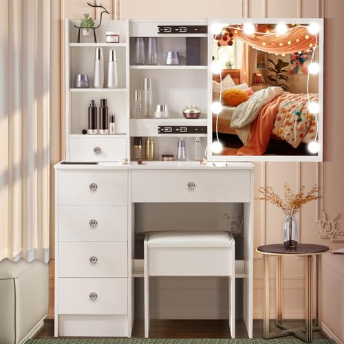 Set da toeletta Dradaomull con illuminazione LED Hollywood, con specchio e sgabello, 6 cassetti e 3 ripiani aperti. Tavolo da toeletta in legno moderno bianco per una camera da letto elegante