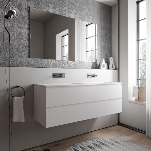BERNSTEIN Badmöbel-Set Ava 140cm bestehend aus Mineralguss-Doppel-Waschbecken mit Unterschrank in Weiß matt, Waschtisch CREAM - Weiß matt ohne Hahnloch, Ideal für große Bäder
