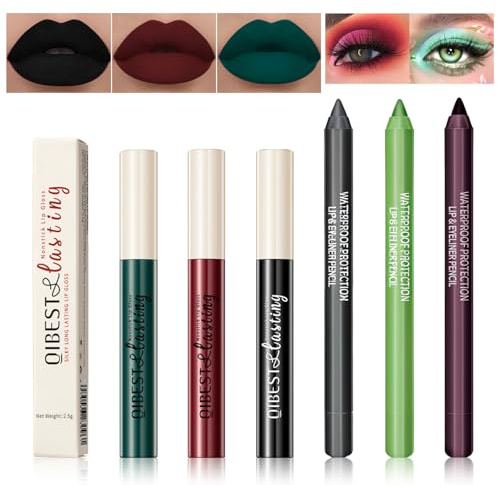 Likesing 6 Pièces Rouge a Levre Noir Mat 3in1 Eye Liner Lip Liner Crayon Fard a Paupiere Rouges à Lèvres Sans Transfert Yeux Crayon a Levre Waterproof Longue Tenue Maquillage Femme Filles Cadeau