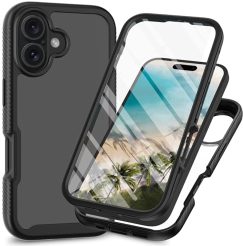 Knoowcase for iPhone 16 Case Built-in Screen Protector iPhone 16 Phone Case Shockproof Full Body Protection Rubber Bumper Stylish Clear Rugged Back Shell Cover,Black