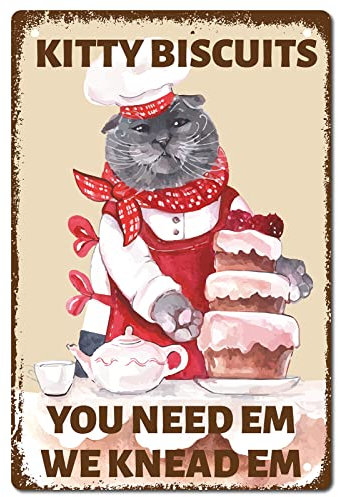 DBKGHIEDHG Cat Metal Tin Sign Kitty Biscuits We Knead Em You Need Funny Sign Vintage Retro Poster Bathroom Quote Vintage Sign for Farm Farmhouse Home Kitchen Cafe Wall Decor 8 x 12 Inch