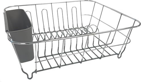 Dish Drying Rack & Cutlery Holder 2 Piece Set - Compact Sink-Fitting Dish Drainer with Rubberized Undercoating, Space-Saving Kitchen Organizer for Plates, Cups, Bowls & Utensils in Sink, Gray
