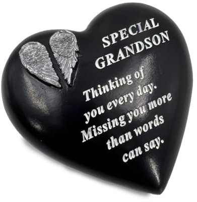 Special Grandson Angel Wings Memorial Black Heart Grave Plaque Graveside Ornament Decoration