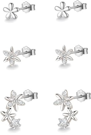 HinDaLi 3 Paar Blumen Ohrringe Silber 925 für Damen Mädchen Frauen Ohrstecker Blume Zirkonia Diamant Klein Piercing