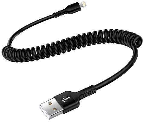 Spiralkabel USB A auf Lightning Kabel，[MFi Zertifiziert] Apple Carplay Kabel，Kurz iPhone Auto Ladekabel mit Datensynchronisation für iPhone 14/14 Pro/14 Pro Max/13/13 Pro/12/11/XR/XS/X/8/7