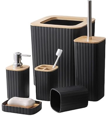 6 Pieces Bamboo Bathroom Accessory Set, Black Bath Accessories Set, Toothbrush cup, Toothbrush Holder, Soap Dish,Soap Dispenser,Toilet Brush Set Bathroom Bin
