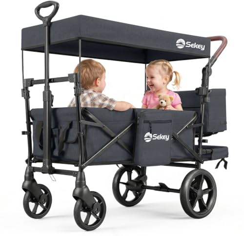 Sekey Bollerwagen Faltbar mit Dach SS8080, Kinderwagen für 1-2 Kinder