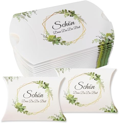 HSMHLYYB Schön Dass Du Da Bist Geschenk, Gastgeschenke Hochzeit, 100 Stück Kissenschachteln Im Eukalyptus Design, Für Süßigkeiten Schokolade Kekse, Gastgeschenk Zur Kommunion, Konfirmation, Taufe