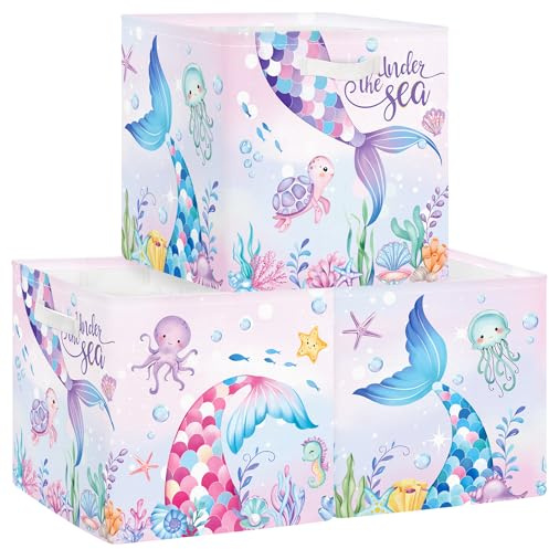 Clastyle Set di 3 Scatole Portaoggetti Coda Sirena Cubo di Stoccaggio per Armadio Vestiti Cesto Scaffali Bambini Scrigno dei Giocattoli e Libri per Scuola Materna,Alga Colorata,30x30x30 cm