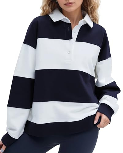 SHBECYDE Women Striped Color Block Polo Sweatshirt Lapel Collared Long Sleeve Oversized Rugby Shirt 2025 Trendy Fall Clothes White-Blue
