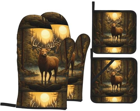 4 pezzi Presine E Guanti Da Forno Bear Deer Pattern Guanti Da Barbecue Divertenti Guanti Da Cucina Per Microonde, Cucina, Cottura Al Forno
