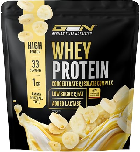 Elite Whey Protein en poudre - 1000 g milkshake banane - avec whey isolat - jusqu'à 23 g de protéines par portion - instantanément soluble - avec lactase, BCAA & EAA