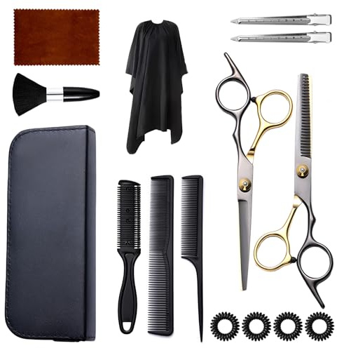 Kit Tijeras Peluqueria Profesional, Tijeras Peluqueria Canina, Barbero 15 Piezas Acero Inoxidable, Kit Barbero y Entresacar, Para Barberia Salon y Uso Domestico, Oro Negro con Peines