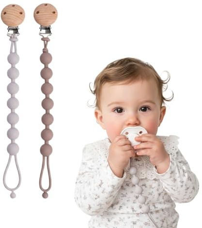 2er Set Schnullerkette Silikon Schnullerband mit Clip Anti-Drop Nuckelkette für Unisex, Lätzchen (Sand+Light Grey)