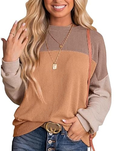 TANMESSO Dam färgblock stickade toppar långärmad rund hals lös vardaglig pullover tröja tröjor, Brun och gul kaki, XL