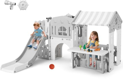 JOYLDIAS 9 in 1 Toddler Slide, Freestanding Kid Climber Slide Playset, Toddler Playhouse with Slide, Basketball Hoop and Climbing Frame, Indoor Outdoor Backyard Playground Toy for Toddlers Age 1-3+