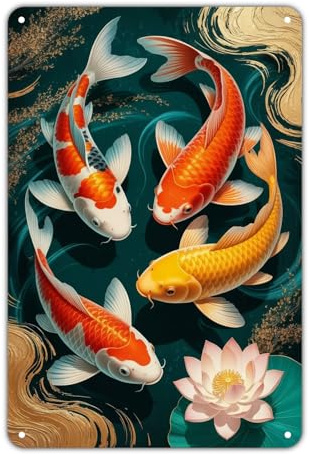 Koi Fish Orange & Yellow tin sign Vintage Japanese Koi Pond Metal Sign Print Aesthetic for Garden Yard Bar Porch Home Bedroom Kitchen Wall Decor Decor Gift 8 x 12 inch