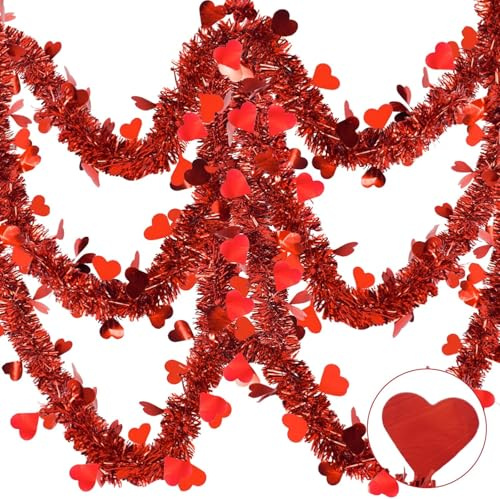 Ghirlanda Tinsel Cuori 10m Romantico Decorazioni San Valentino Adatto per Anniversari, Matrimoni, Compleanni, Decorazioni per La Casa, Soffitti e Finestre (Rosso)