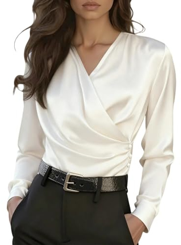 Blusas de Mujer Elegantes Fiesta Raso Blusa Elegante de Satén Color Sólido Camiseta Talla Grande Seda Oficina Top Manga Larga Boda Camisa Cuello en V Moda Tops Cómodo Chic Básico Casual