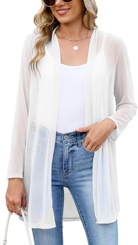 Famulily Cardigan a maniche lunghe in rete trasparente per le donne UK leggero aperto davanti cardigan estivo trasparente, bianco, S
